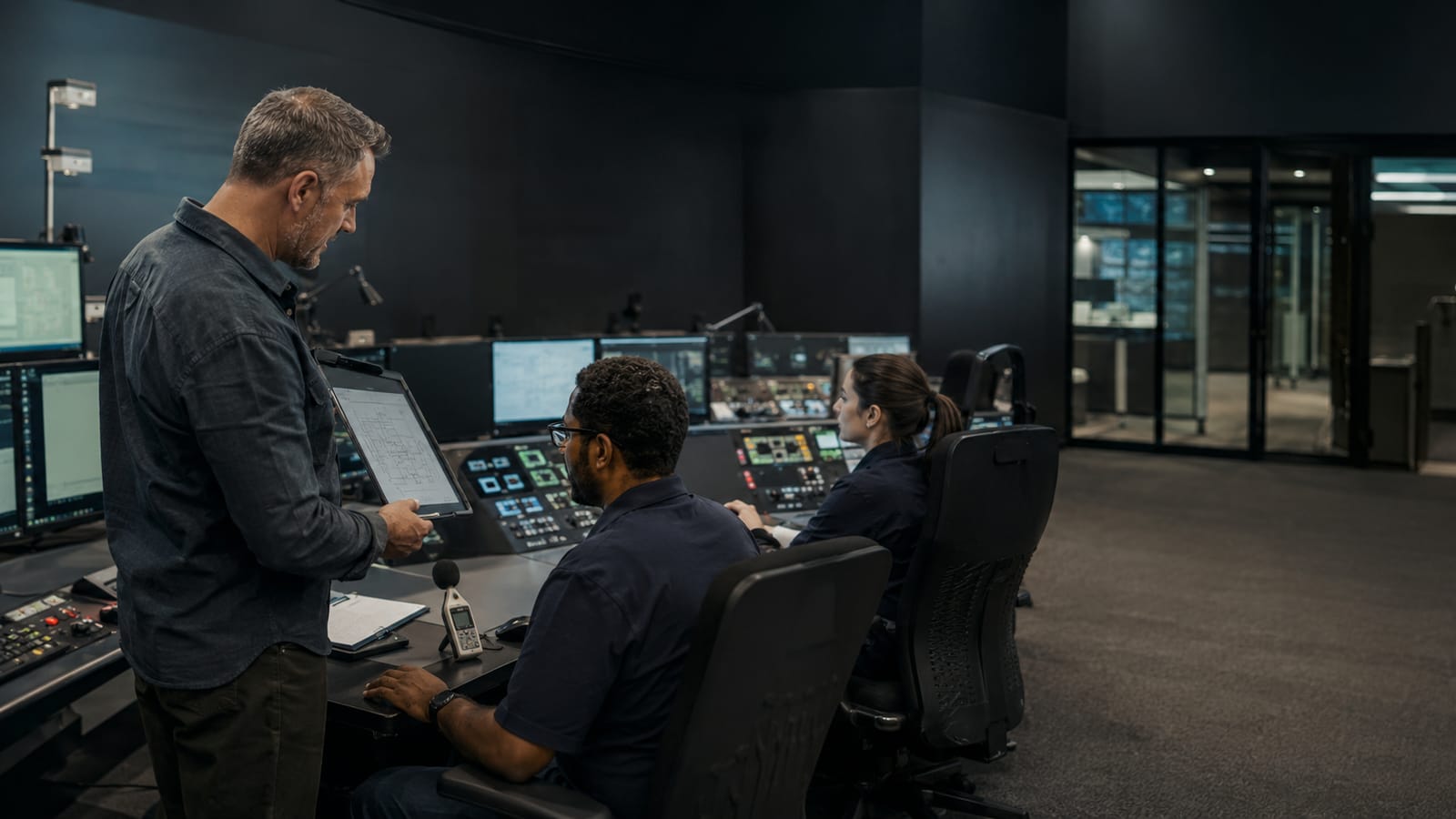 Control-room consultant observing operators and collecting assessment evidence